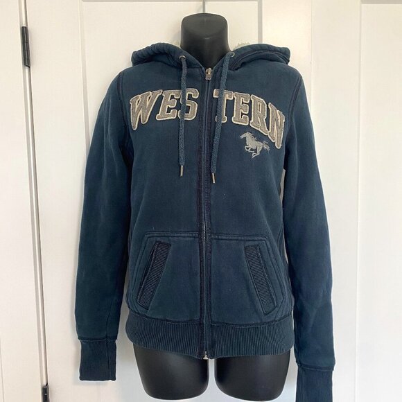 UWO Western Mustangs Navy Blue Vintage / Y2K Zip Up Hoodie Size Small - Picture 1 of 9